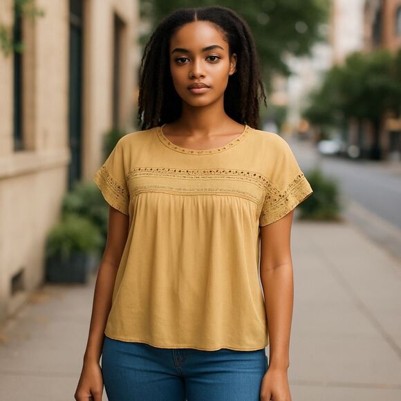 Boutique Linen Blend Pastel Yellow Orange‎ Summer Top - Size Medium - Picture 1 of 2